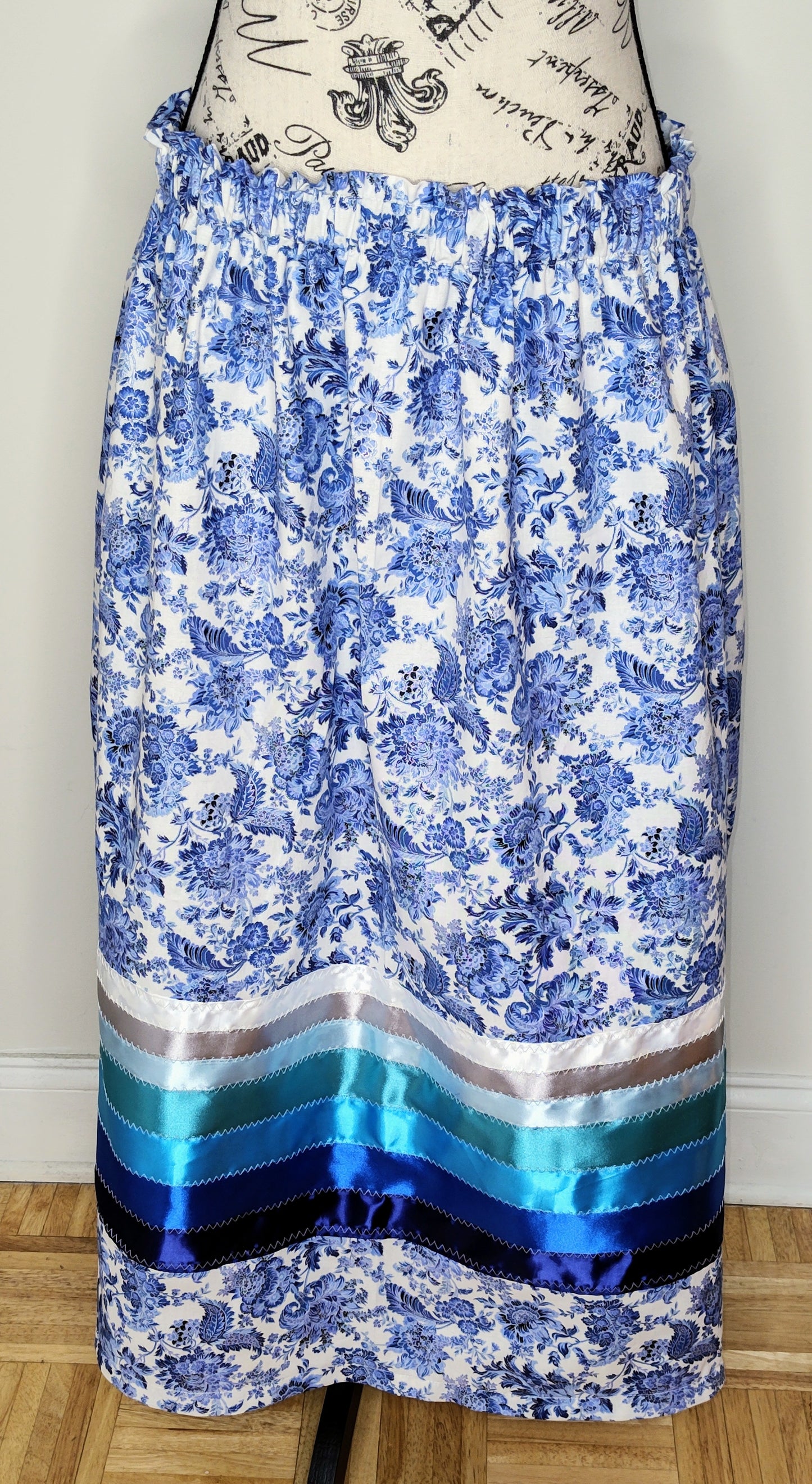 Native American Ribbon Skirt White and Blue Floral Paisley Ribbon Skirt Blue Ribbon Skirt