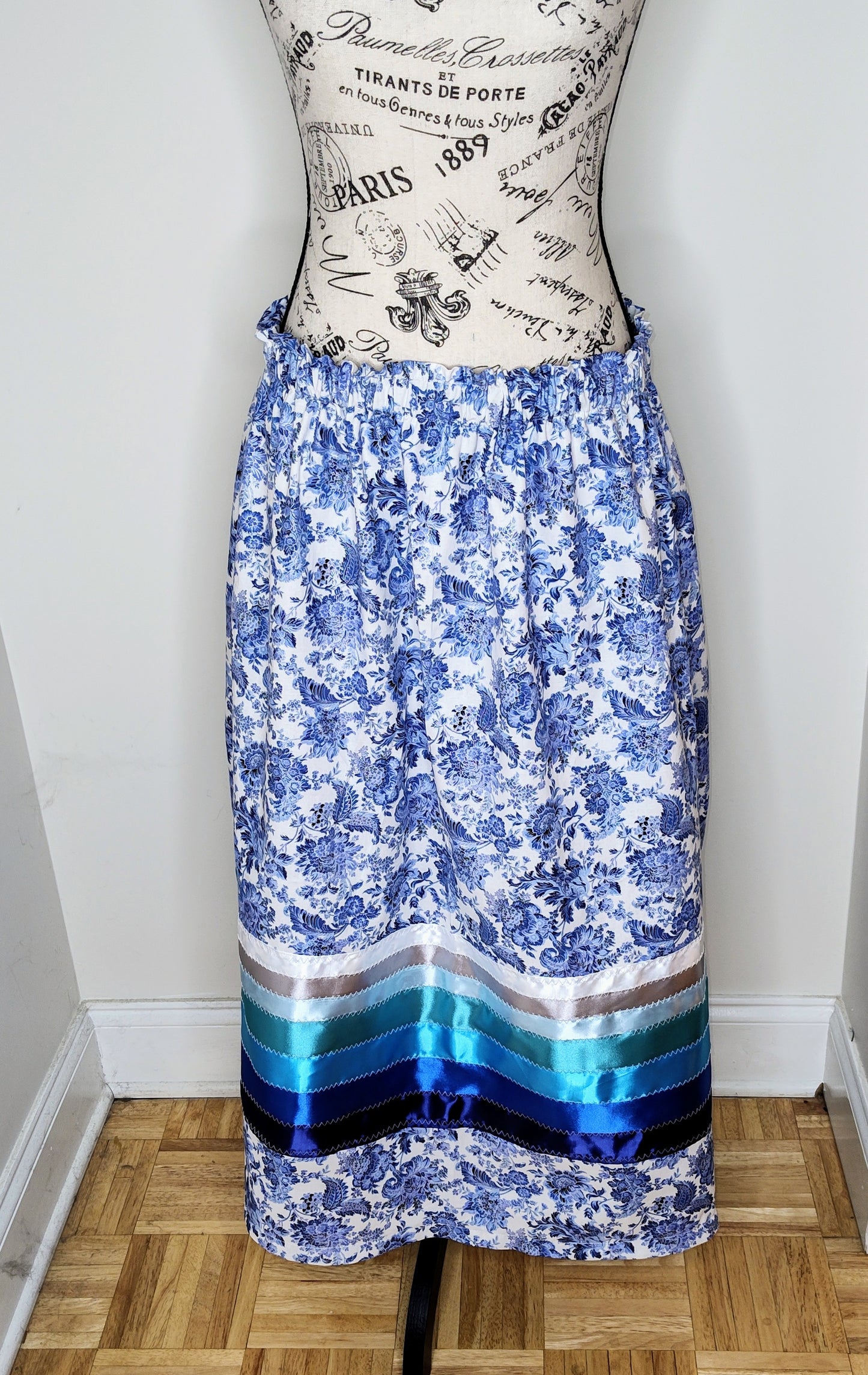 Native American Ribbon Skirt White and Blue Floral Paisley Ribbon Skirt Blue Ribbon Skirt